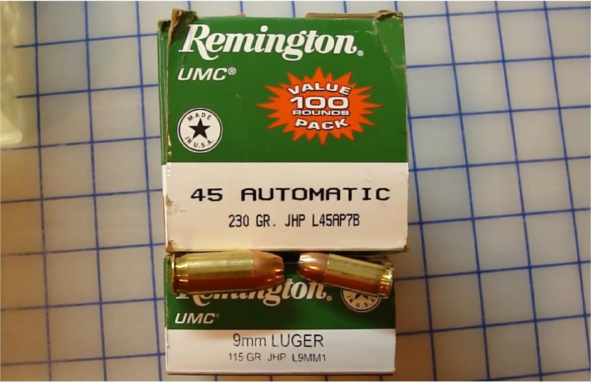 9mm,vs,45,auto,acp,.45,mm,9x19,luger,parabellum,rem,remington,umc,jhp,jacke...